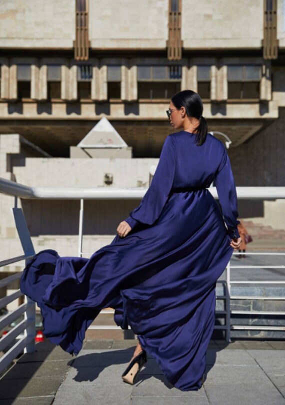 Luxury Navy Blue Silk Maxi Wrap Dress Long Sleeve Etsy