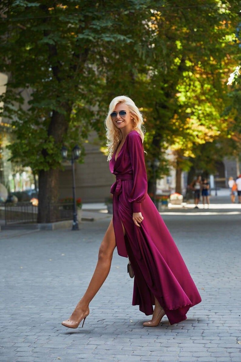 Dark magenta silk maxi wrap dresslong sleeve dressbridesmaid dresssilk evening dresslong dresswedding guest dresswedding dress