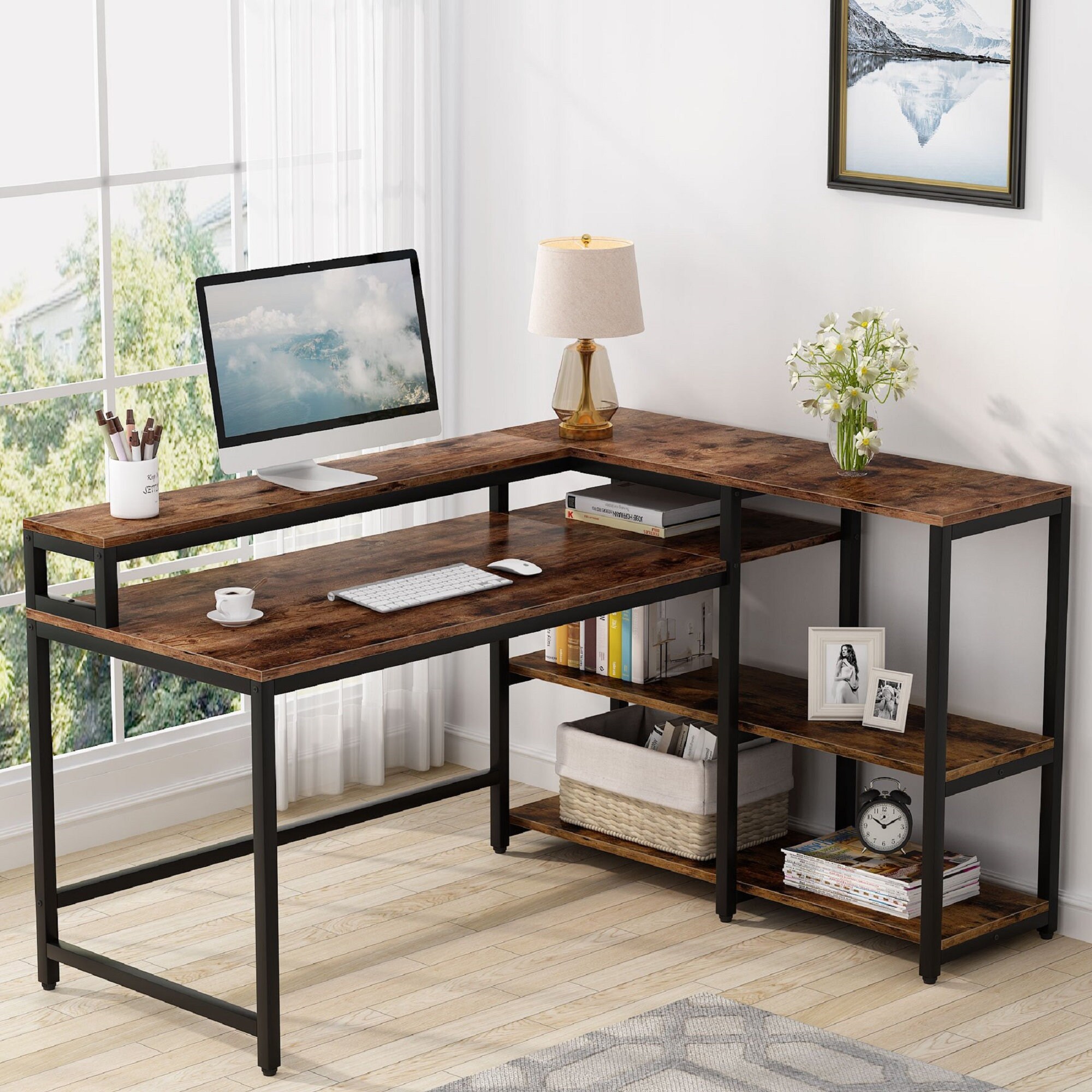 LShaped Desk with Monitor Stand and Shelf Storage Organizer Etsy