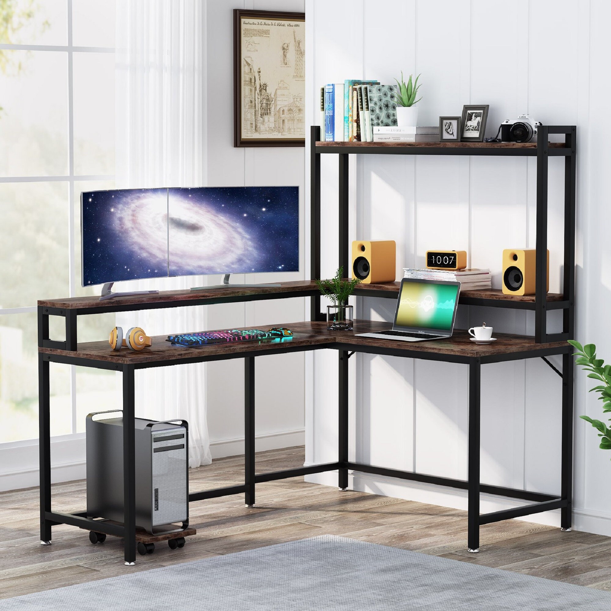 Lshaped Desk With Monitor Stand Hutch Corner Desk Computer Etsy