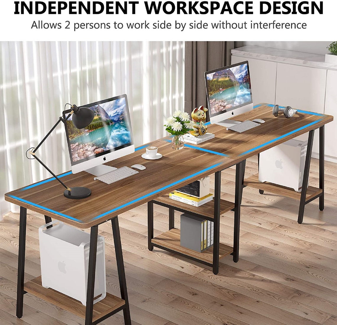 Computer Desk Extra Long Two Person Desk with Storage Shelf Etsy