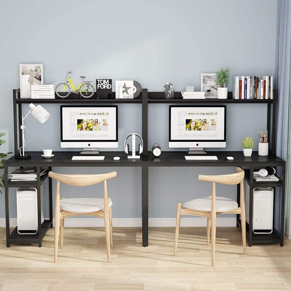 pic 2 Seater Desk With Drawers extra long two person desk with storage shelves double etsy
