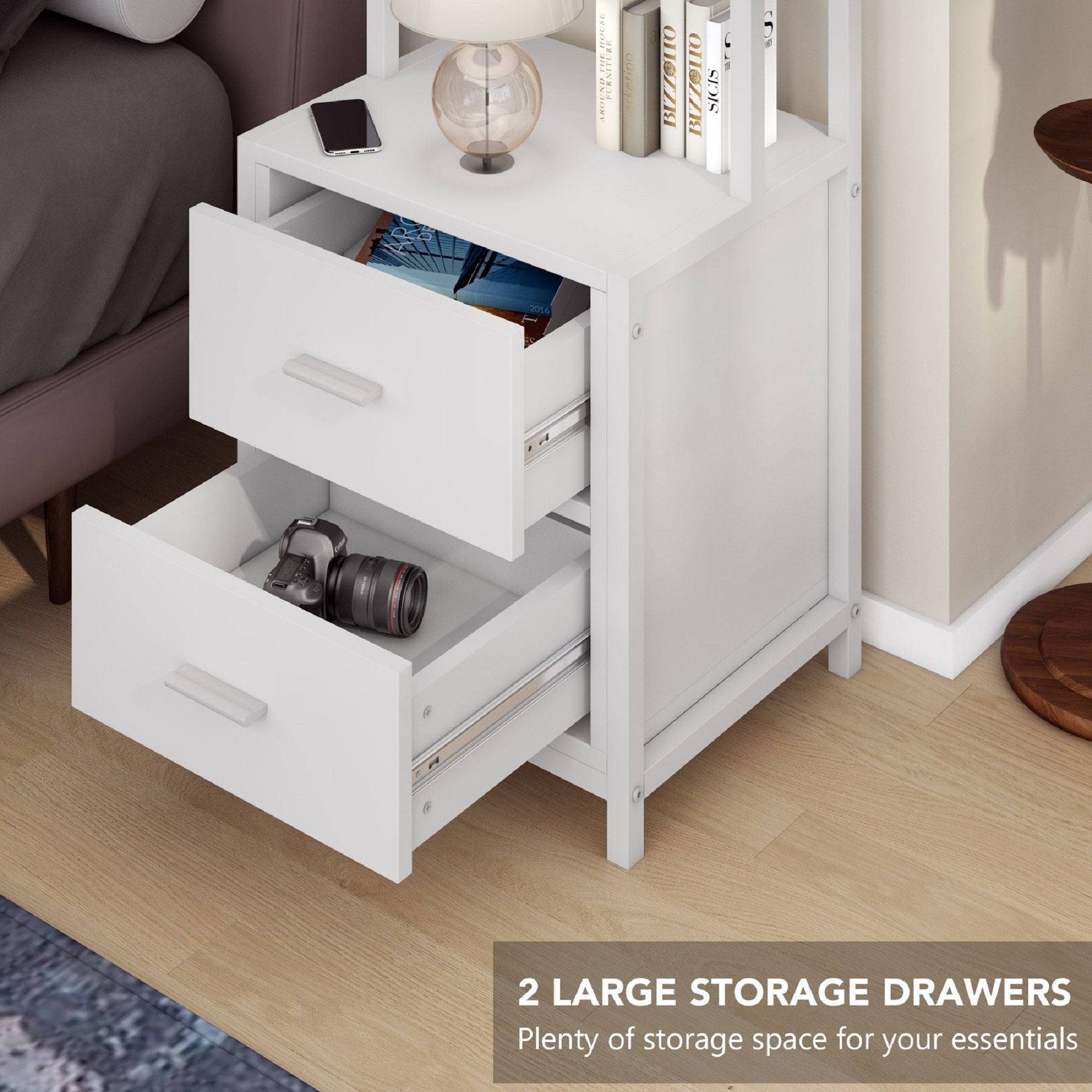 Tall Nightstand with 2 Drawers & Storage Shelves Modern Large Etsy