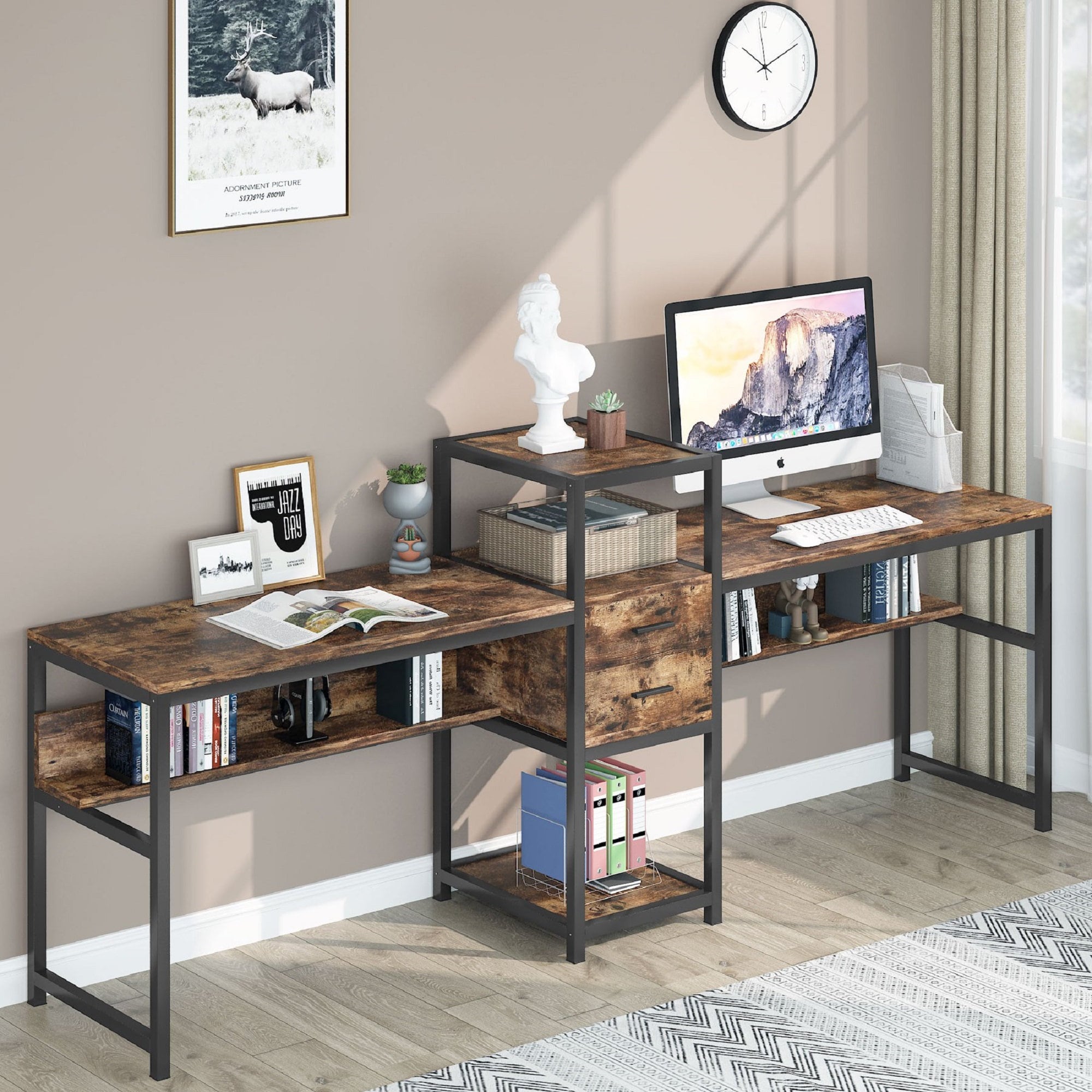 Two Person Desk with 2 Drawers Double Computer Desk with | Etsy