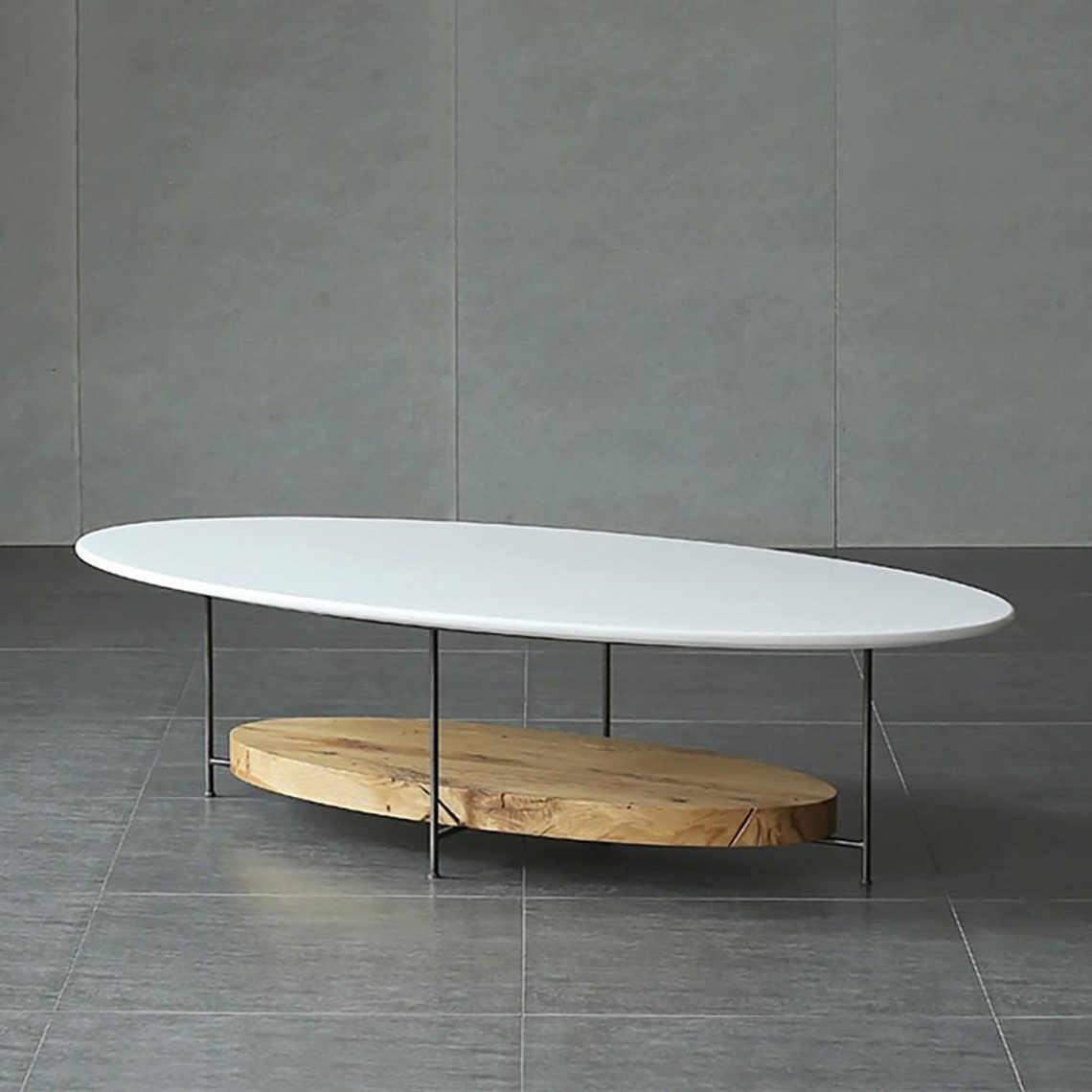 White & Natural Oval Coffee Table with Storage Shelf Etsy