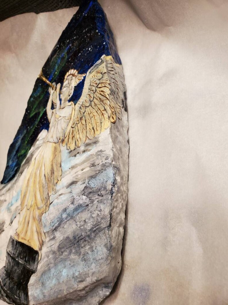 trumpet night Angel mountainside holy beautiful arora borealis religious Christmas statue winter snow