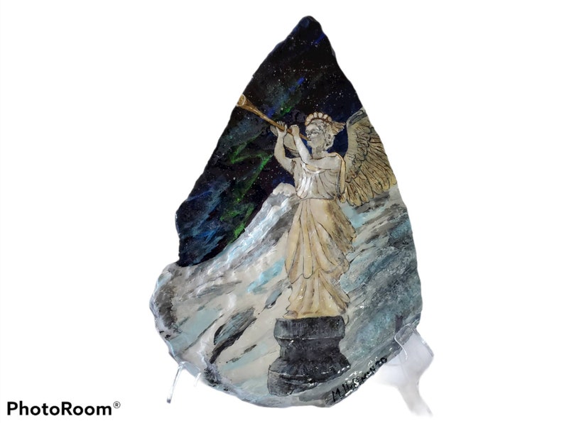 trumpet night Angel mountainside holy beautiful arora borealis religious Christmas statue winter snow