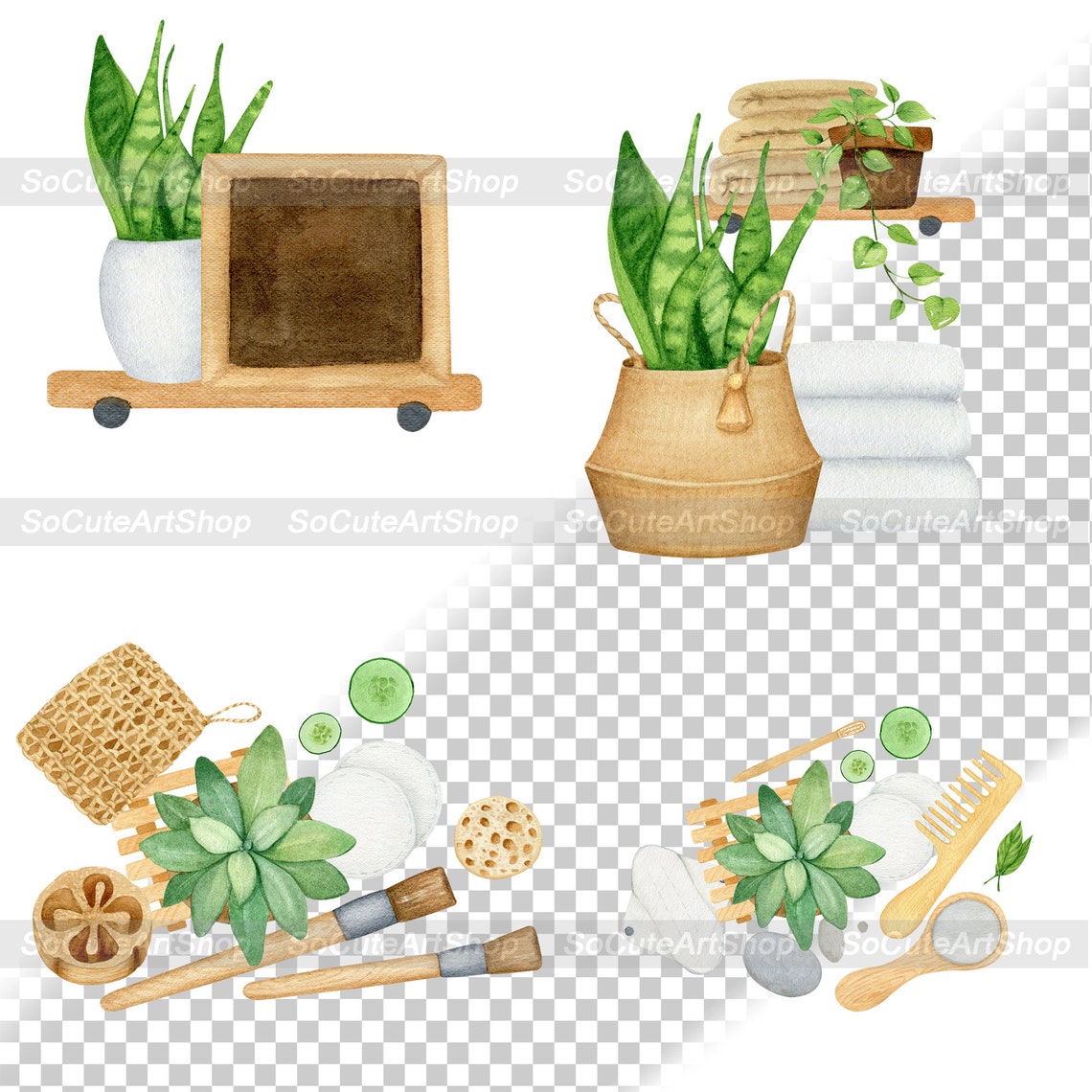 Eco Friendly Bath Accessories PNG Compositions, Watercolor Zero Waste