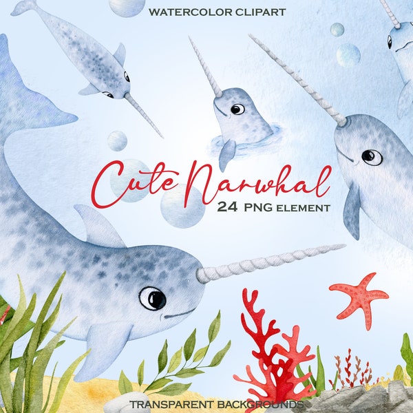 Watercolor Cute Narwhal birthday png clipart, Ocean animal clipart, kawaii narwhal png clipart