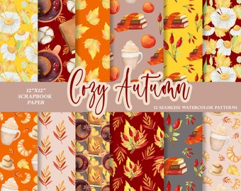 Cozy Autumn digital paper pack, Watercolor fall patterns, Thanksgiving digital paper, Coffee Seamless patterns, Free commercial use