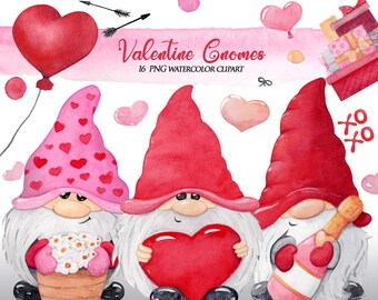 Valentines gnome png clipart, Watercolor Valentine clipart. Watercolor Love clip art. instant download