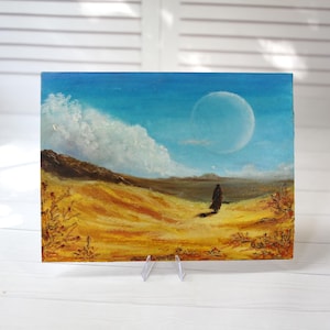 Desert Landscape Oil Pastel Painting: Golden Field, Moon Art - 9.5x7 in