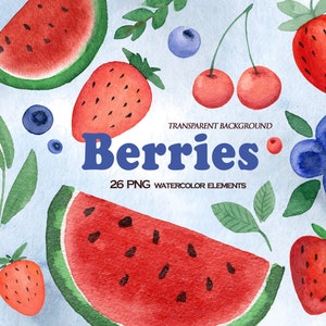 Imágenes Prediseñadas de bayas de acuarela, imágenes prediseñadas de verano, fresas, arándanos, sandía, imágenes prediseñadas de bayas jugosas de verano. Decoración de cumpleaños. Decoración de la cocina