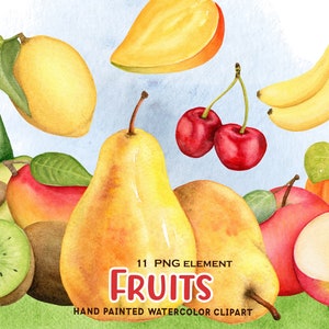 Clipart de frutas em aquarela: pera, maçã, manga, kiwi, abacate, limão, pêssego, banana. Download digital PNG
