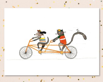 Promenade à vélo pour chat et chien en tandem, impression d'art dans les tailles A5, A4, illustration, image, affiche, tenture murale, art pour enfants, art mural