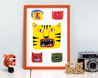 Roar! Funky Cats, original screen print in A4 format, serigraphy, limited edition, signed, graphic art, Lucha Libre masks, jaguar mask