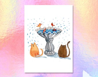 Cats & Birds Are Having a Pool Party, Art Print in A5, A4 Sizes, Wall Hanging, Poster, Art for Children, Humorous, Animal Illustration