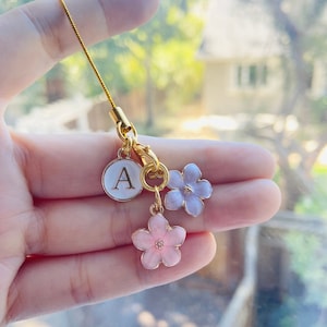 Personalized Sakura Flower Phone Charm, Gold Enamel Letter Initial Phone Charm, Personalized Gift, Friendship Keychain, Gift for Her