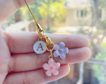 Personalized Sakura Flower Phone Charm w Gold Enamel Letter Initials, Personalized Gift, Friendship Keychain, Mother’s Day gift, BFF