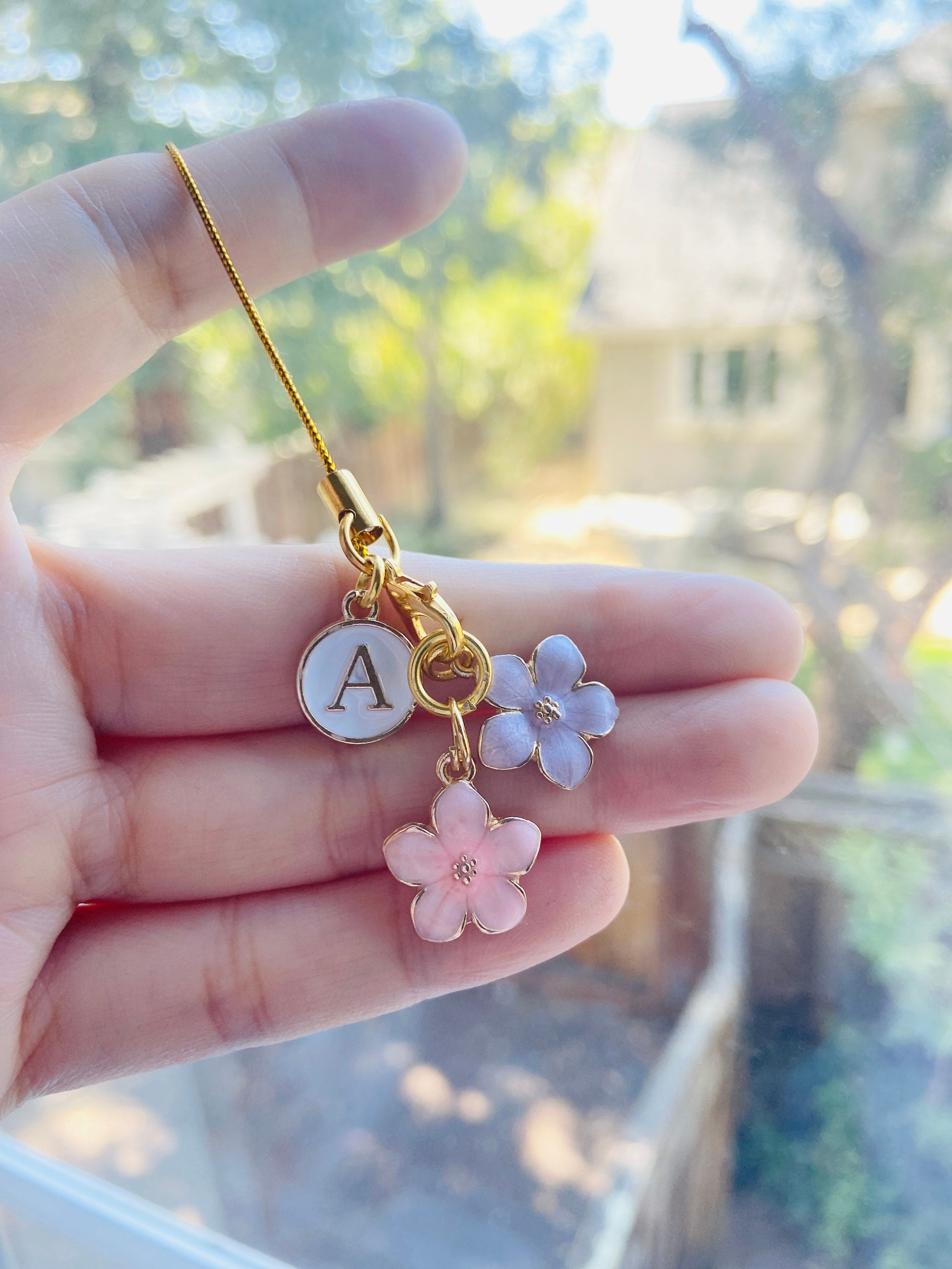 Custom Sakura Flower Phone Charm, Gold Enamel Letter Initial Phone