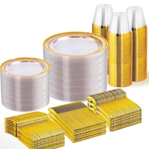 72pcs( Service for 12) Guests Gold Clear Plastic Plates, Disposable Party Supplies for Wedding, Birthdays Plates, 84pcs Total