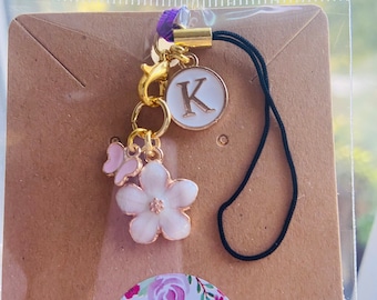 Gold Plated Sakura Phone Charm: Personalized Initial Charm