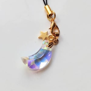 Mother&#39;s Day Gift Crystal AB Glass Iridescent Moon Phone Charm Strap, Moon Keychain, Personalized Gift, Gold Plated