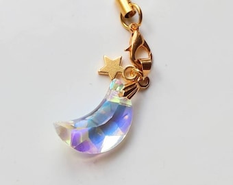 Correa para teléfono con dije de luna iridiscente de cristal AB, regalo para el Día de la Madre, llavero de luna, regalo personalizado, chapado en oro.