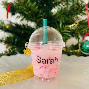 Iced Coffee Tumbler Ornament, Personalized Gift for Her, Coffee Shop Gift, Coffee Lover Gift, Christmas Gift, Stocking stuffers Pink Drink