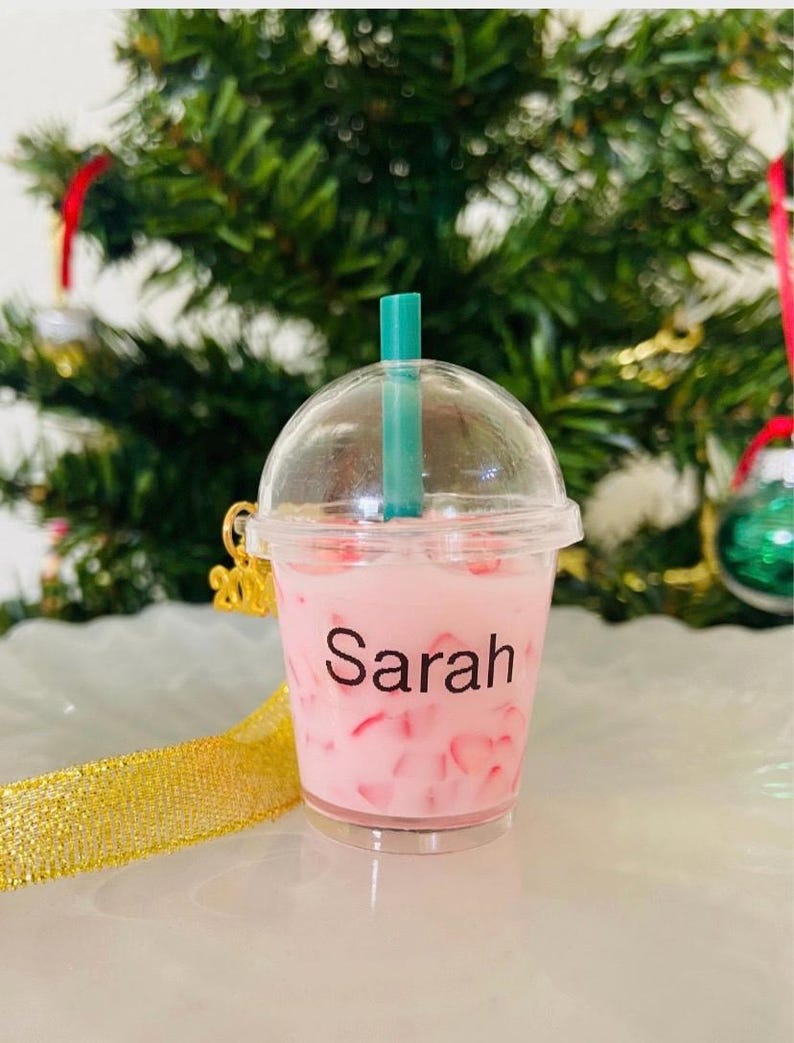 Iced Coffee Tumbler Ornament, Personalized Gift for Her, Coffee Shop Gift, Coffee Lover Gift, Christmas Gift, Stocking stuffers Pink Drink