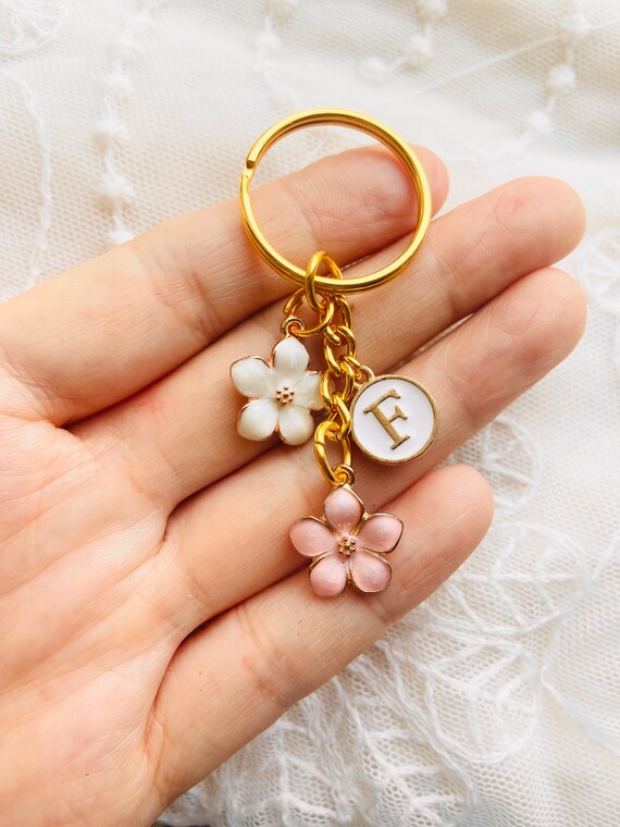 Porte-clés personnalisé Fleur prénom - Perle lettre acrylique couleur