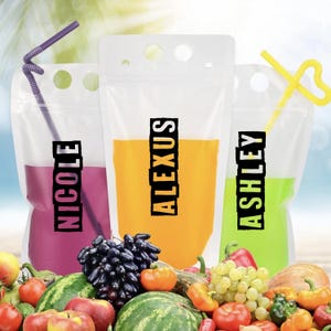 Custom Name Adult drink pouches, Custom Name drink pouch, Reusable drink bag, Drink pouches with straw