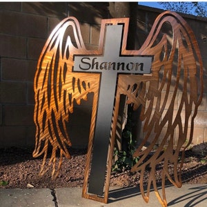 In Memory Metal Angel Wings Cross Custom Name