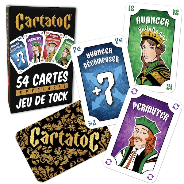 CARTATOC - le Jeu de 54 Cartes Spéciales pour le Jeu de Tock - Qualité Supérieure - Marque LEDÉLIRANT - à partir de 6 ans.