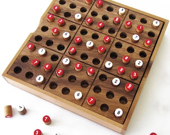 SUDOKU en bois massif ecoresponsable, normes CE - Casse-tête 4 niveaux de difficulté. Marque française. Plateau refermable jeu de voyage.