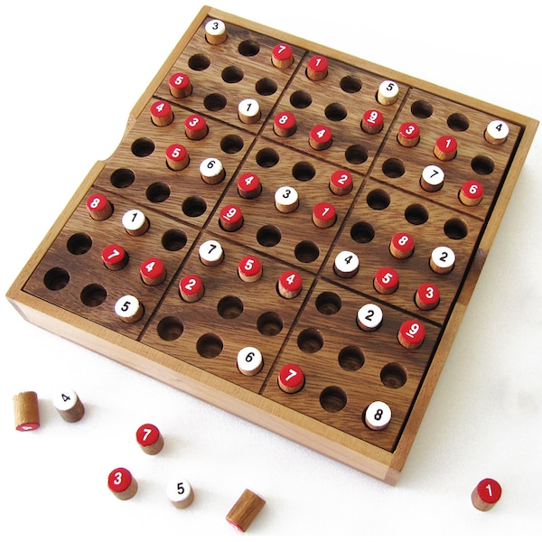 SUDOKU en bois massif ecoresponsable, normes CE - Casse-tête 4 niveaux de difficulté. Marque française. Plateau refermable jeu de voyage.