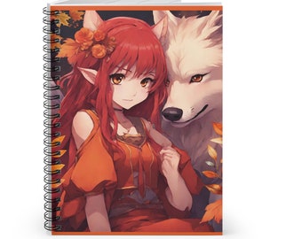 Anime girl with wolf sidekick Spiral Notebook - Ruled Line, Anime art notebook, Anime wolf art notebook, Trending gifts