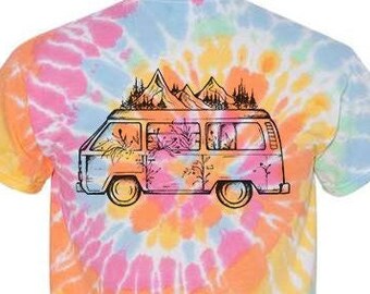 Camper Van Adventure Shirt Unisex T-shirt, Tie Dye t shirt, Van Life shirt, Athletic Cotton t shirt, Polyblend Graphic shirt, Outdoor Shirt