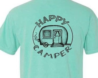 Happy Camper Adventure Shirt Unisex T-shirt, Tie Dye, Yellow t shirt, Athletic Cotton Polyblend Graphic shirt, Outdoor Travel Shirt