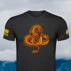 Może przedstawiać: Szary t-shirt z nadrukiem ż&oacute;łtego i pomarańczowego smoka. Smok jest zwinięty w k&oacute;łko, z głową skierowaną do przodu. T-shirt ma ż&oacute;łtą naszywkę z flagą amerykańską na lewym rękawie i ż&oacute;łtą naszywkę z gwiazdą na prawym rękawie.