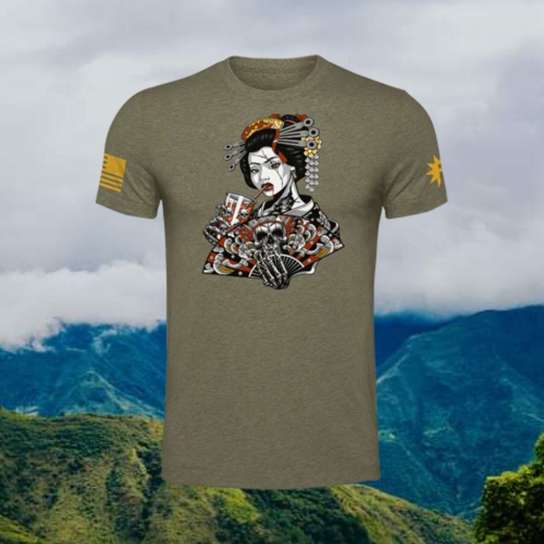 Green Ancient Geisha Girl Poly Blend Unisex T Shirt Gift Athletic Fit No Shrink Soft Tshirt Silky Smooth Graphic Design tee Men and Women