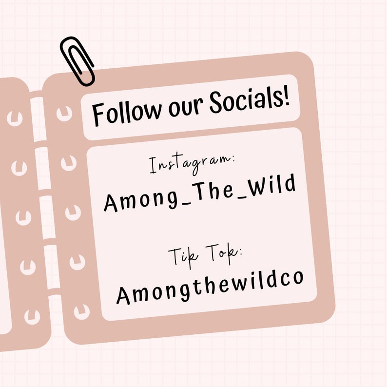 May include: A pink notebook with a paperclip on the top left corner. The notebook has the text "Follow our Socials!" at the top. The text "Instagram: Among_The_Wild" and "Tik Tok: Amongthewildco" is written in black ink on the notebook.