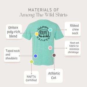 May include: A turquoise t-shirt with a black graphic of a camper van with the text "Happy Camper". The shirt is made of a poly-rich blend and has a taped neck and shoulders. It is also heat set to minimize shrinkage and has a ribbed crew neck. The shirt is athletic cut and NAFTA certified.