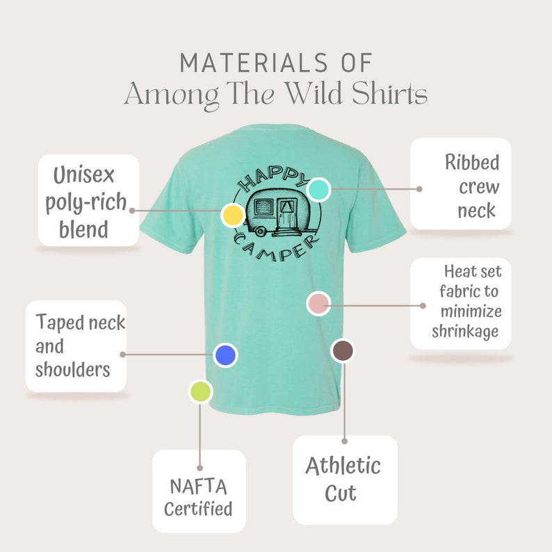 May include: A turquoise t-shirt with a black graphic of a camper van with the text "Happy Camper". The shirt is made of a poly-rich blend and has a taped neck and shoulders. It is also heat set to minimize shrinkage and has a ribbed crew neck. The shirt is athletic cut and NAFTA certified.
