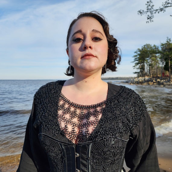 Chainmail Shoulder Piece Bohemian style, boho, chest piece,  mantle, fantasy wear, viking wear, ren-faire, anodized aluminum - Black