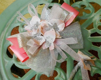 Peach, Pink, and Silver Artificial Hydrangea Wrist Corsage and Boutonniere Set