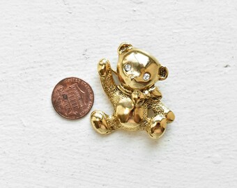 Vintage Teddy Bear Brooch, Gold Tone Rhinestone Brooch, Animal Brooch, Teddy Bear Brooches and Pins, Christmas Jewelry, Costume Jewelry