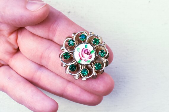 Vintage Floral Brooch Pin, Green Rhinestone Brooc… - image 2