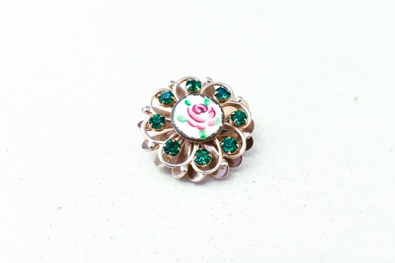 Vintage Floral Brooch Pin, Green Rhinestone Brooc… - image 9