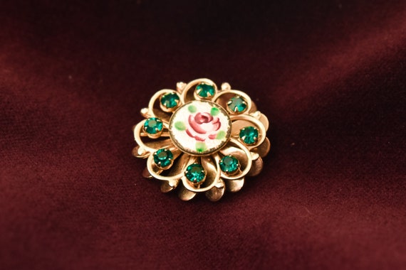 Vintage Floral Brooch Pin, Green Rhinestone Brooc… - image 6